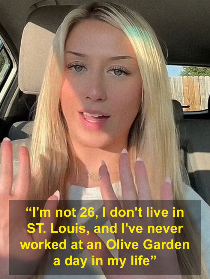Young woman in a car denying claims, addressing Olive Garden hoax and student caught in viral online controversy. Young woman in a car denying claims, addressing Olive Garden hoax and student caught in viral online controversy.