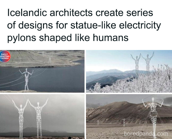Statue-like electricity pylons shaped like humans in liminal spaces by Icelandic architects in natural and eerie landscapes.