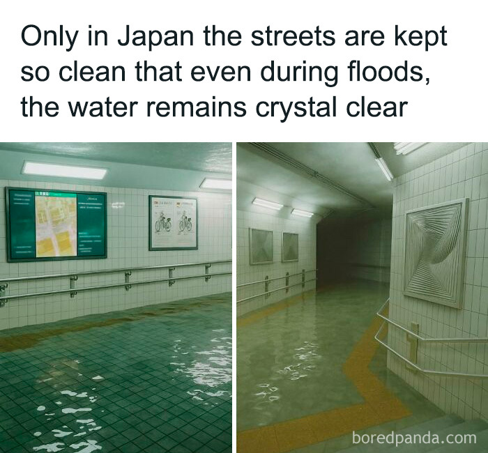 Flooded but crystal clear water in a clean Japanese underground passage, showcasing beautiful liminal spaces.