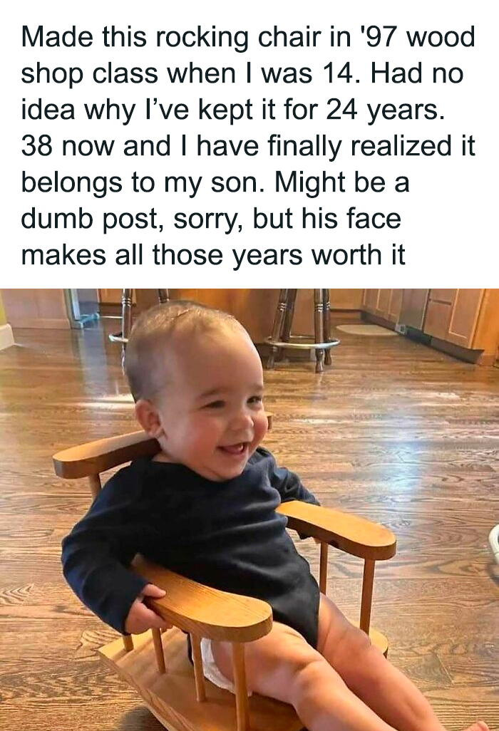 Smiling baby sitting in a handmade wooden rocking chair, captured in an adorable and wholesome moment.