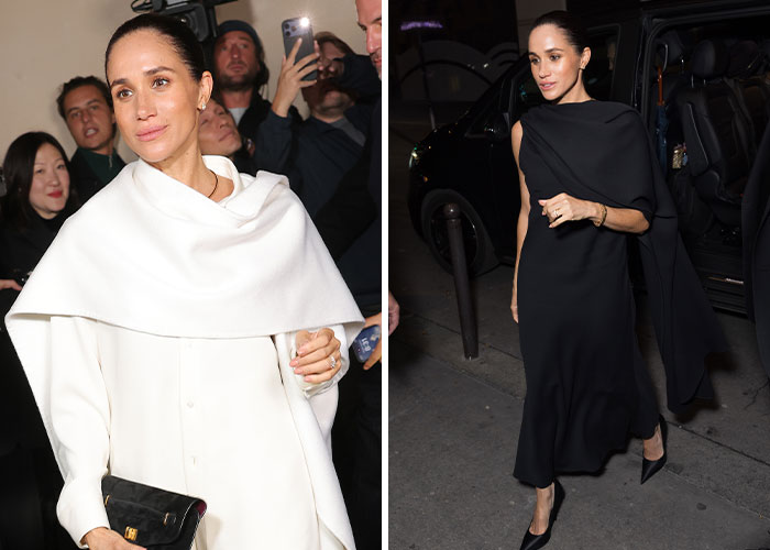 Meghan Markle attending Paris Fashion Week in stylish black and white outfits, captured by Balenciaga designer.