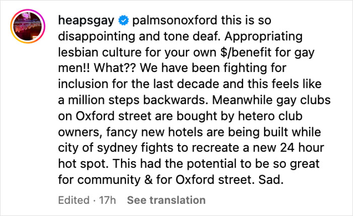 Comment on men-only gay bar causing outrage as lesbians accuse it of blatant misogyny after viral post.