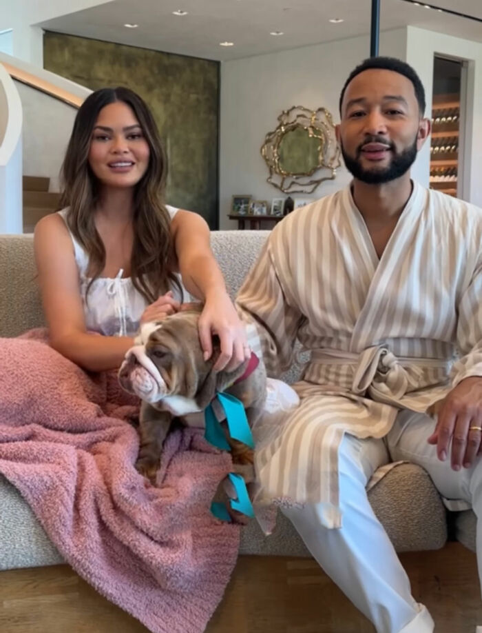 Couple sitting on a couch with a bulldog wrapped in a pink blanket, discussing celebs people can't stand but love.
