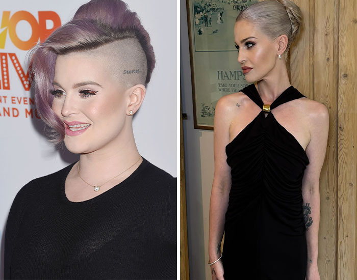 Two celebrities with visible tattoos, one with a shaved side haircut and the other in a black dress, showcasing celebrity tattoos.
