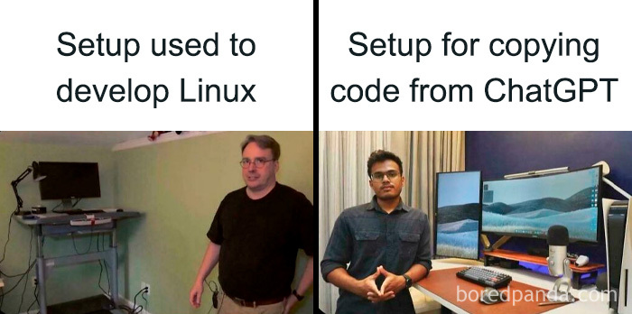 Comparison of two programming setups, highlighting differences in workspace for coding and computer science.