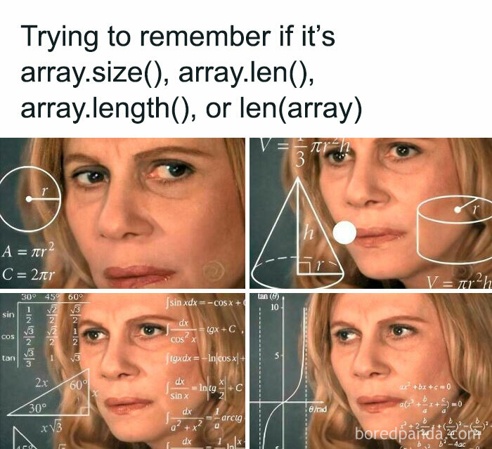 Woman confused with programming and math formulas overlaid, illustrating common programming and computer science memes.