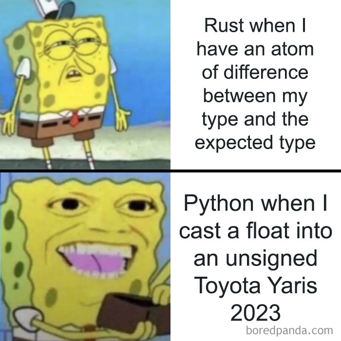 Spongebob meme comparing strict type checking in Rust and flexible casting in Python, programming and computer science humor.