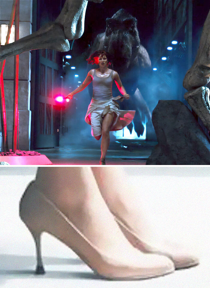 Woman running in high heels from dinosaur, illustrating unrealistic women movie tropes often seen in films and still annoying viewers.