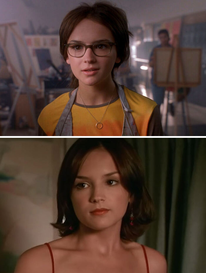 Young woman in glasses and apron painting contrasted with the same woman styled glamorously showing unrealistic women movie tropes.