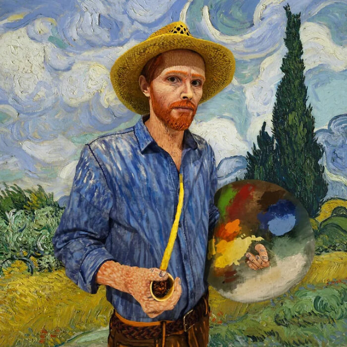 Artist with detailed hand-painted makeup and costume resembling Vincent van Gogh holding a painter&rsquo;s palette and pipe outdoors.