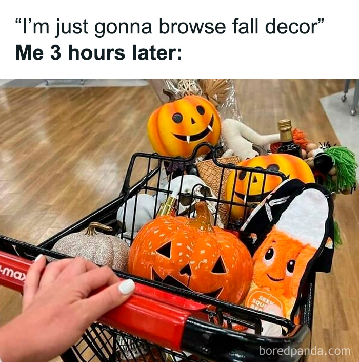 Shopping cart filled with Halloween and fall decor items, perfect for horror and Halloween fans enjoying seasonal memes.