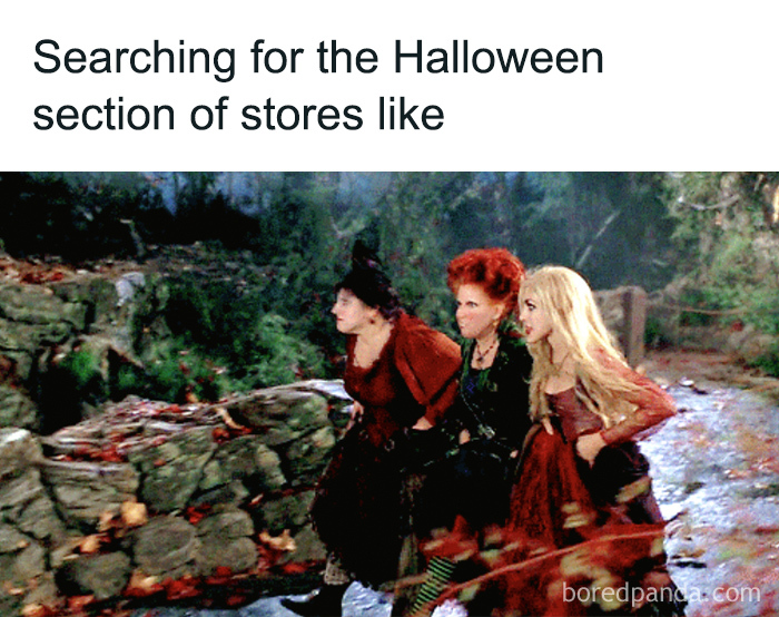 Three witches walking together outdoors, capturing a relatable moment for Halloween and horror fans searching for store sections.