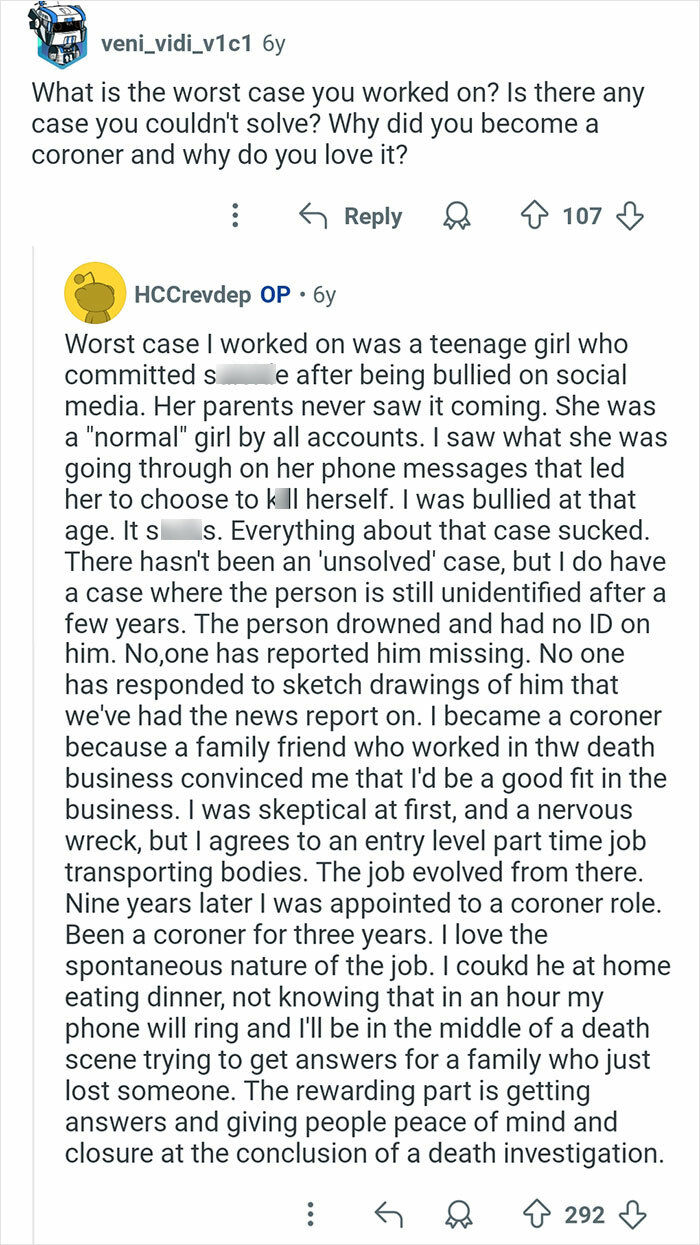 Reddit discussion on coroner stories revealing challenging cases, social media bullying, and the emotional side of death investigations.