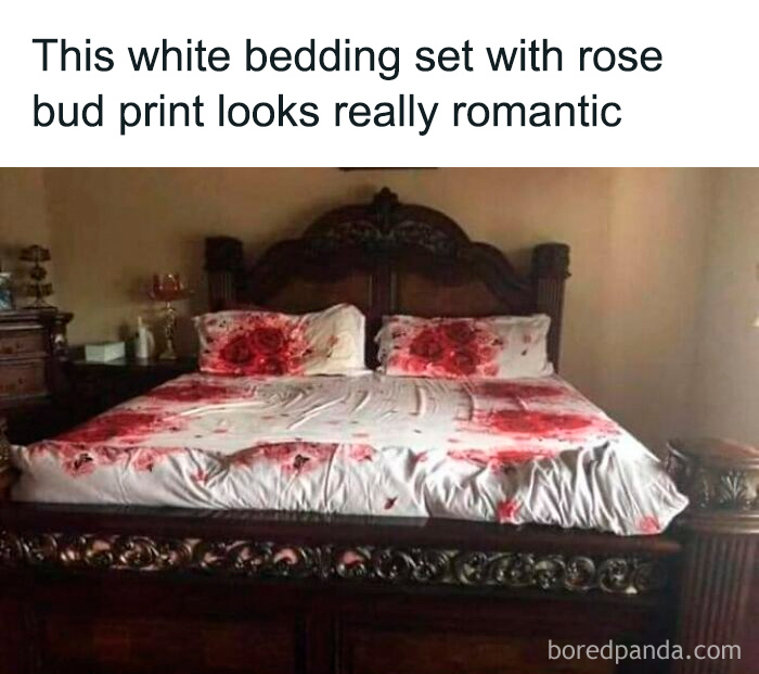Bed with white bedding set stained with red resembling blood, a hilarious and relatable meme for horror and Halloween fans.