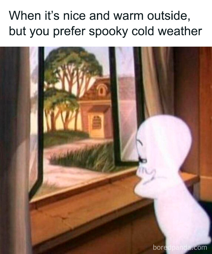 Cartoon ghost looking out an open window, preferring spooky cold weather over nice and warm outside, horror memes humor.