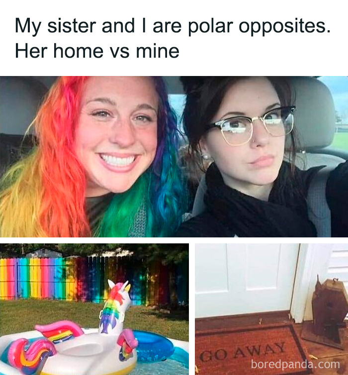 Two sisters showing their polar opposite styles with colorful and dark themes, relatable for horror and Halloween fans.