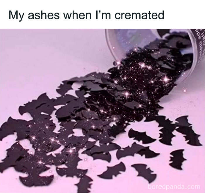 Black bat-shaped confetti spilling from a container with sparkles, a relatable meme for horror and Halloween fans.