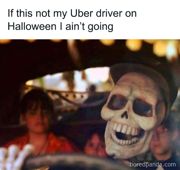 Skeleton driving a car with passengers in the back seat, a funny horror and Halloween fan meme.