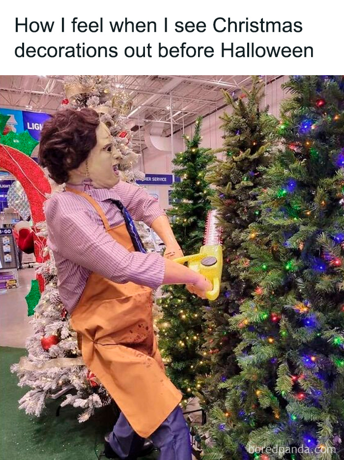 Person wearing a horror mask and apron wielding a chainsaw near Christmas trees, relatable meme for horror and Halloween fans.