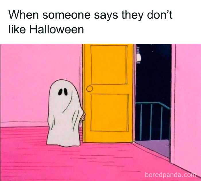 Cartoon ghost peeking from behind a door with caption about someone disliking Halloween in relatable horror memes.