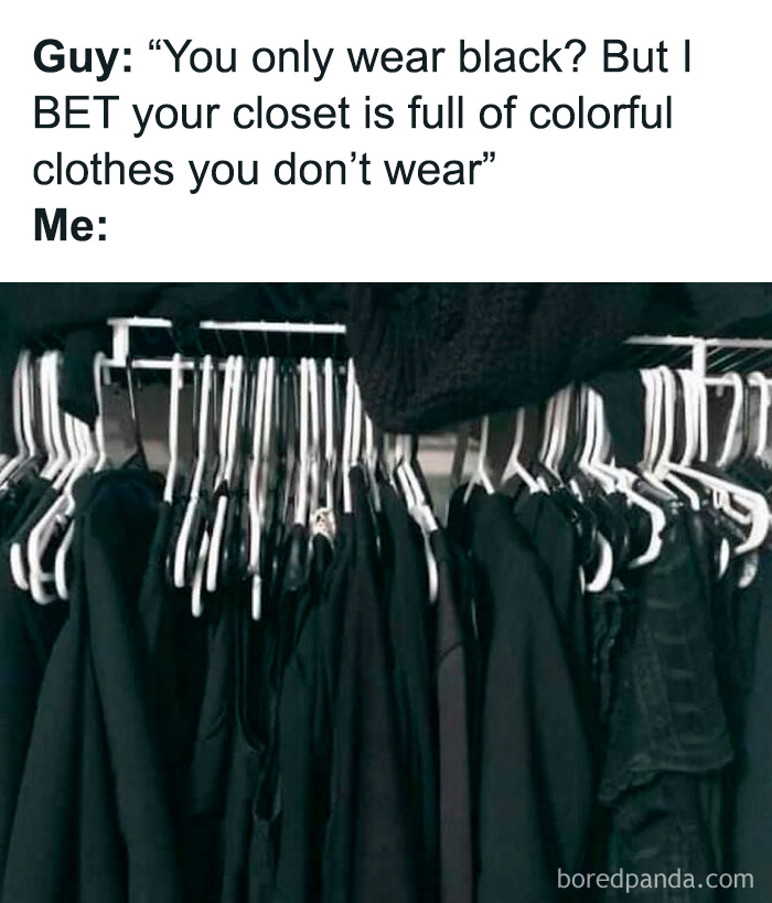 Closet full of black clothes meme showing humor relatable to horror and Halloween fans’ style preferences.