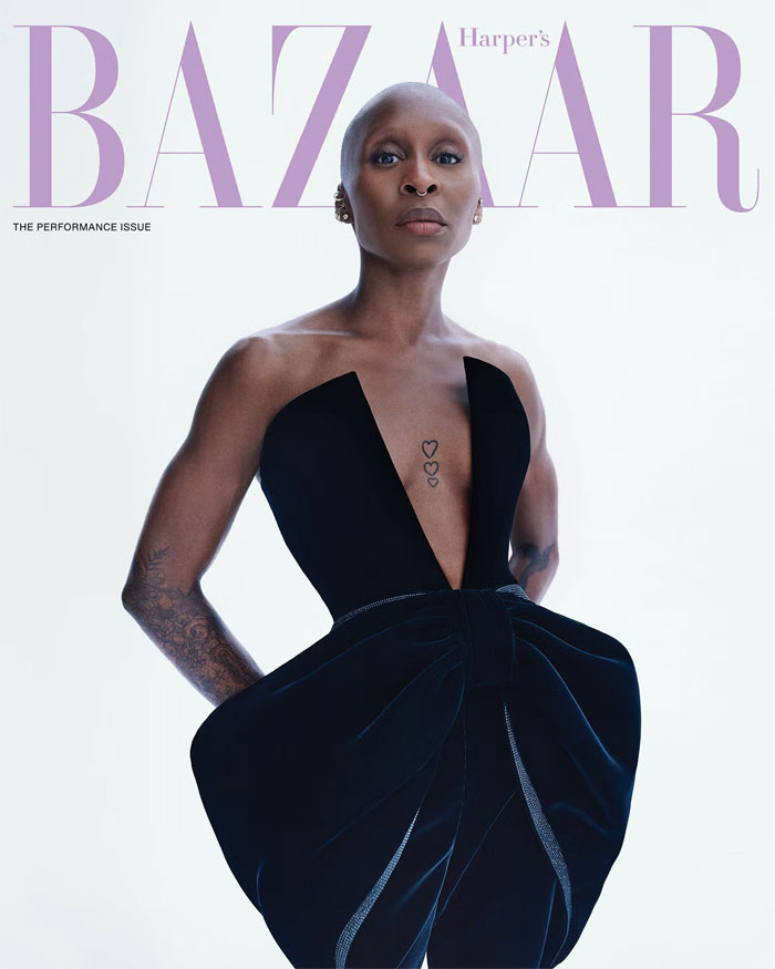 Cynthia Erivo posing in a striking black outfit on Harper&rsquo;s Bazaar cover, sparking strong reactions to the grotesque shoot.