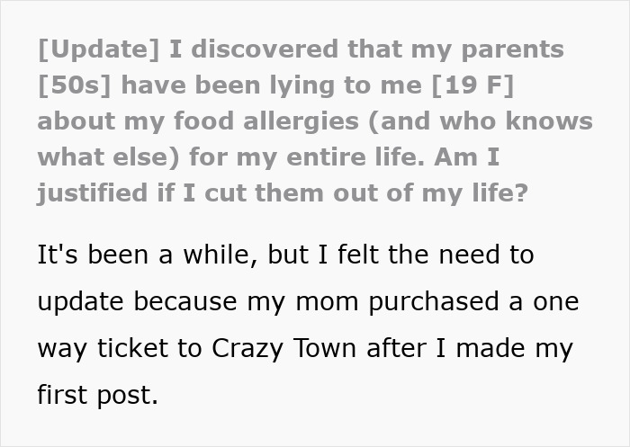 Text post showing a person sharing how their parents lied about food allergies causing a no contact situation.