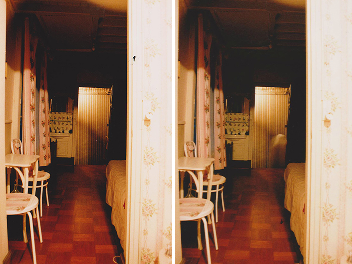 Side-by-side photos of a dimly lit room with a ghostly figure, a creepy photo that makes hearts skip a beat.