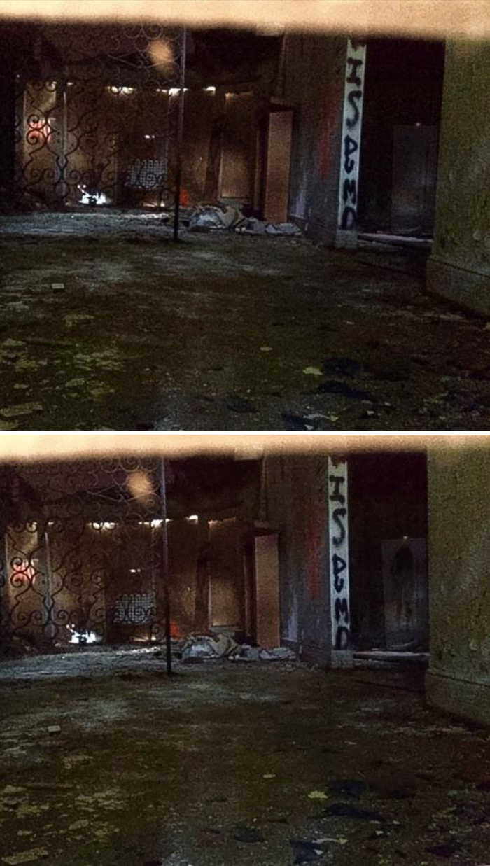 Abandoned building interior with graffiti and a shadowy figure, a creepy photo that makes hearts skip a beat.