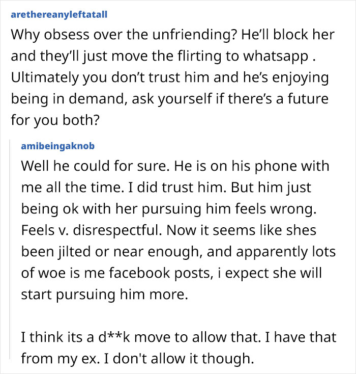 Comments discussing insecurity and suspicion as a 51YO woman feels her boyfriend enjoys attention from his newly-single ex.