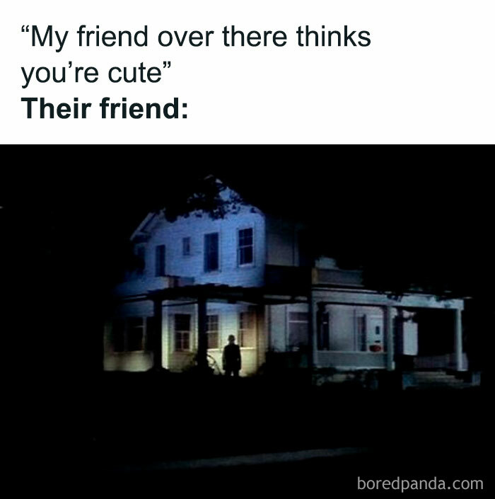 Hilarious horror movie meme with a dark, eerie house and a shadowy figure standing outside at night.