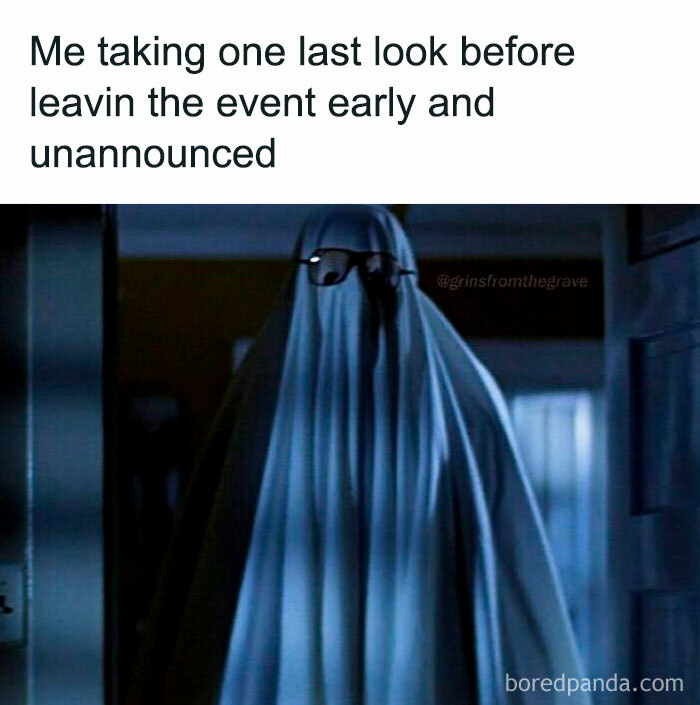 Ghost wearing glasses in a dark room with a humorous caption, part of hilarious horror movie memes collection.
