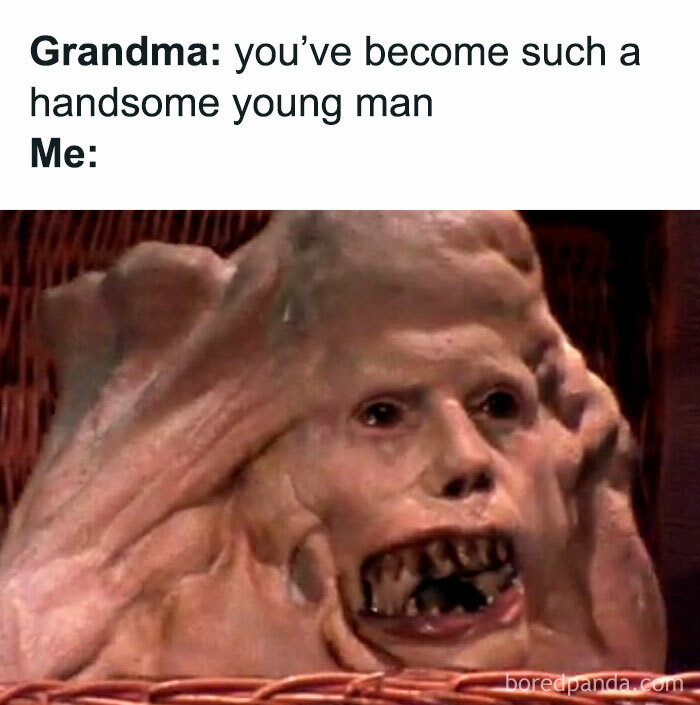 Hilarious horror movie meme showing a grotesque creature responding to a grandmother's compliment humorously.