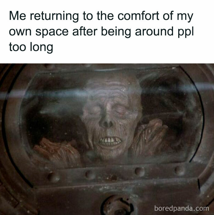 Alt text: Horror movie meme showing a creepy skeletal figure with eyes closed, symbolizing comfort after social interaction.
