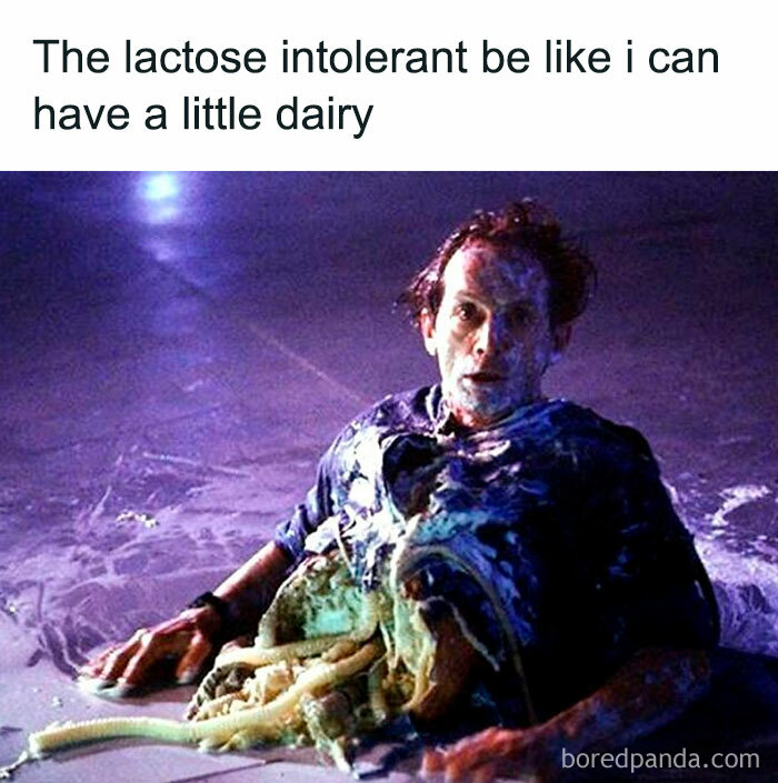 Man covered in slime with caption about lactose intolerance, a humorous horror movie meme related to horror movie memes and laughs.