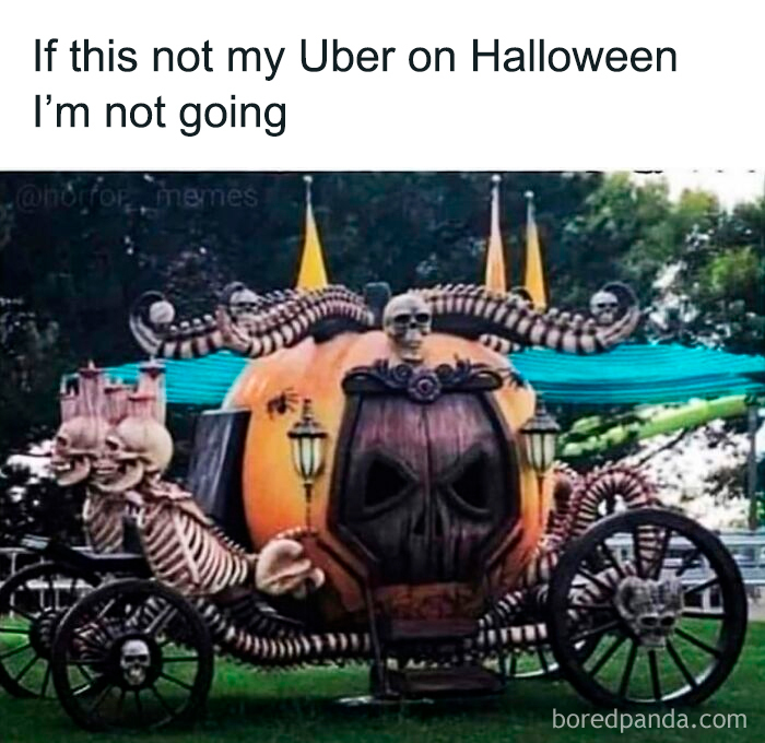 Halloween-themed spooky carriage decorated with skeletons and skulls, perfect for horror and Halloween fans memes.
