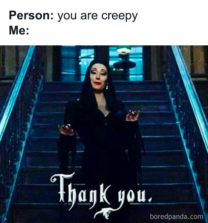 Woman dressed as Morticia Addams on a staircase with text about being creepy, relatable to horror and Halloween fans memes.