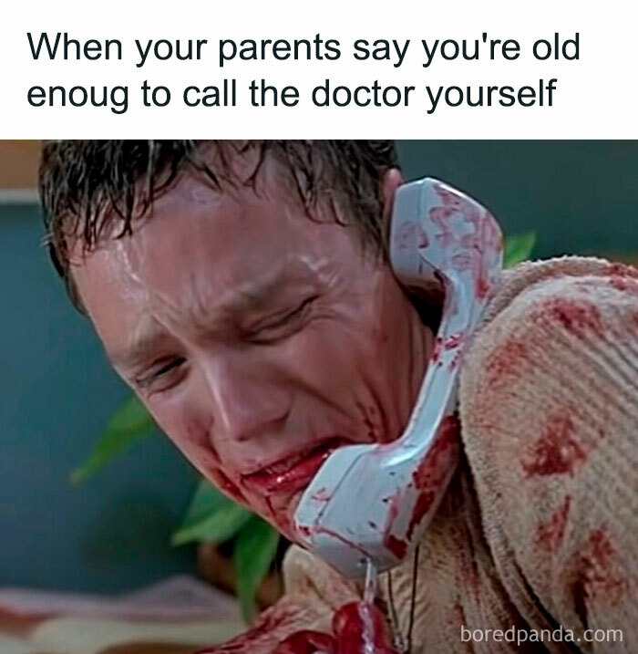 Person covered in blood nervously holding a bloody phone, featured in a hilarious horror movie meme.