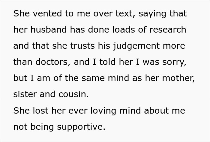 Text message describing a woman upset over her friend's refusal to allow their child near unvaccinated kids.