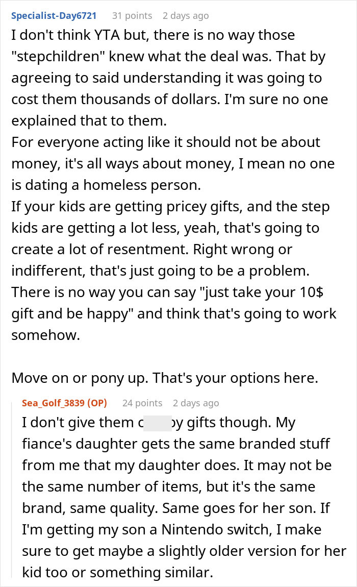Screenshot of an online discussion about a guy refusing to be a step-father and disagreements over gift fairness to stepchildren.