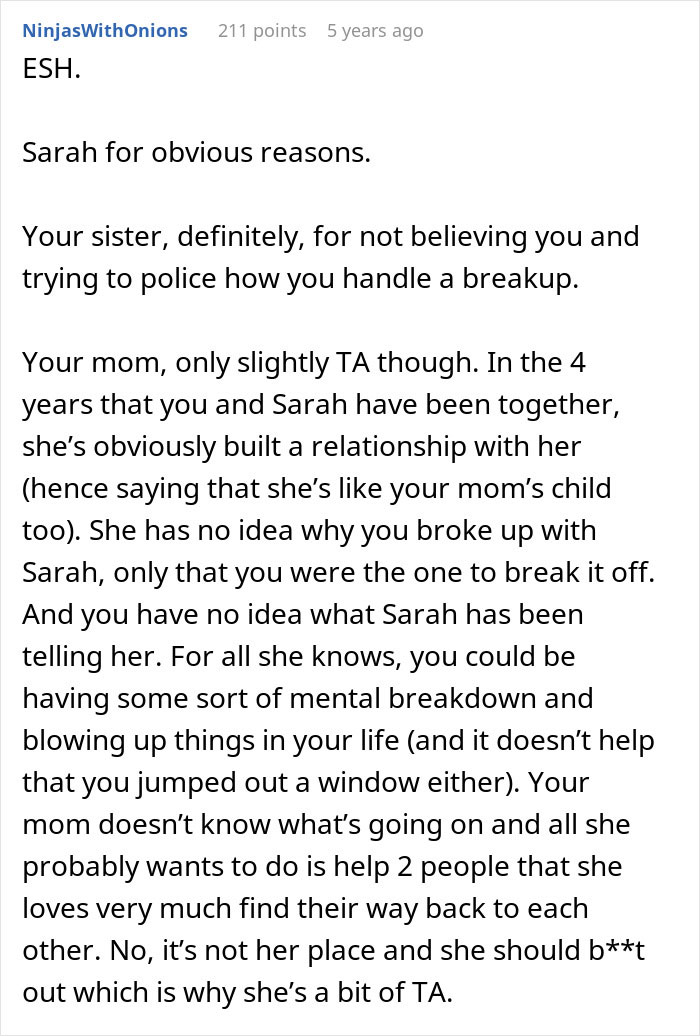 Comment discussing a mom&rsquo;s attempt to reconcile her son and his ex-fianc&eacute;, mentioning a window escape.
