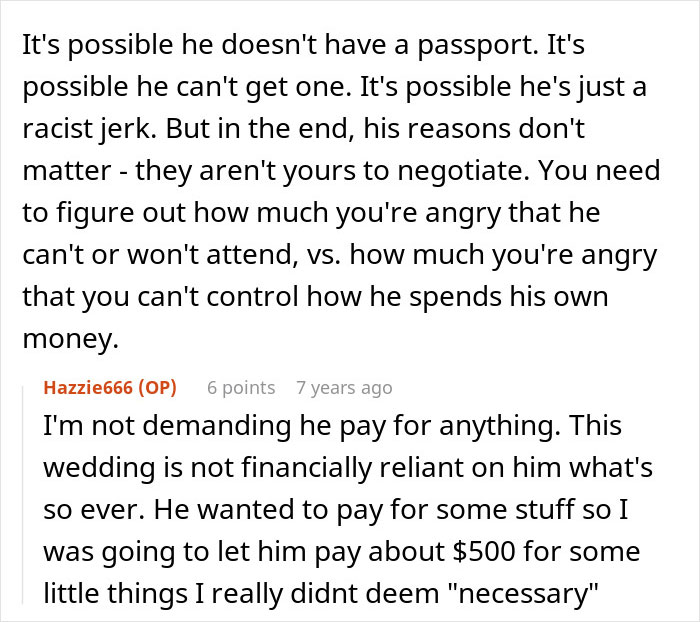 Text excerpt about bride&rsquo;s father refusing to attend wedding due to location off American soil and related family conflict.