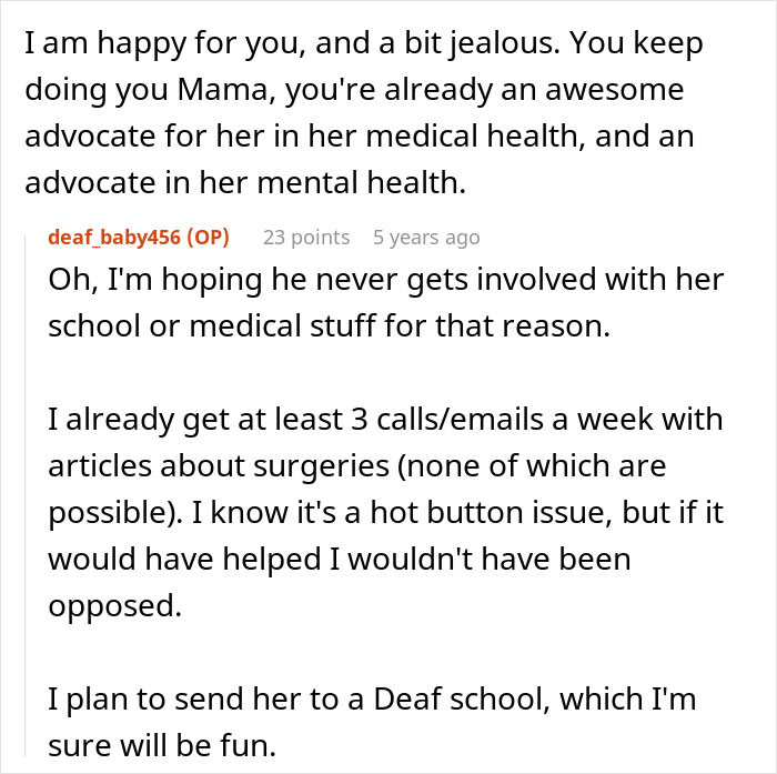 Screenshot of a discussion about a husband leaving because he can't deal with deaf baby and blaming his wife.