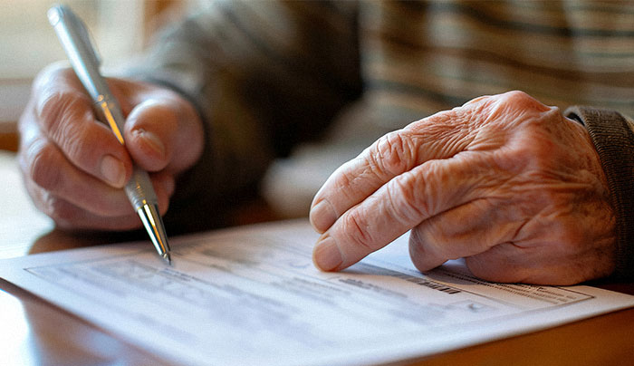 Close-up of hands filling out paperwork related to bills and house expenses in a domestic setting.