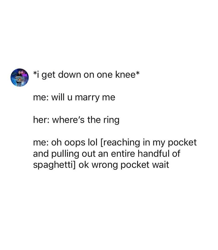Chaotic tweet showing a humorous marriage proposal gone wrong with a handful of spaghetti in the wrong pocket.