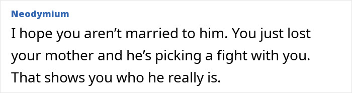 Comment text on a white background about a funeral, mother, partner, and ex-husband conflict and emotional support.