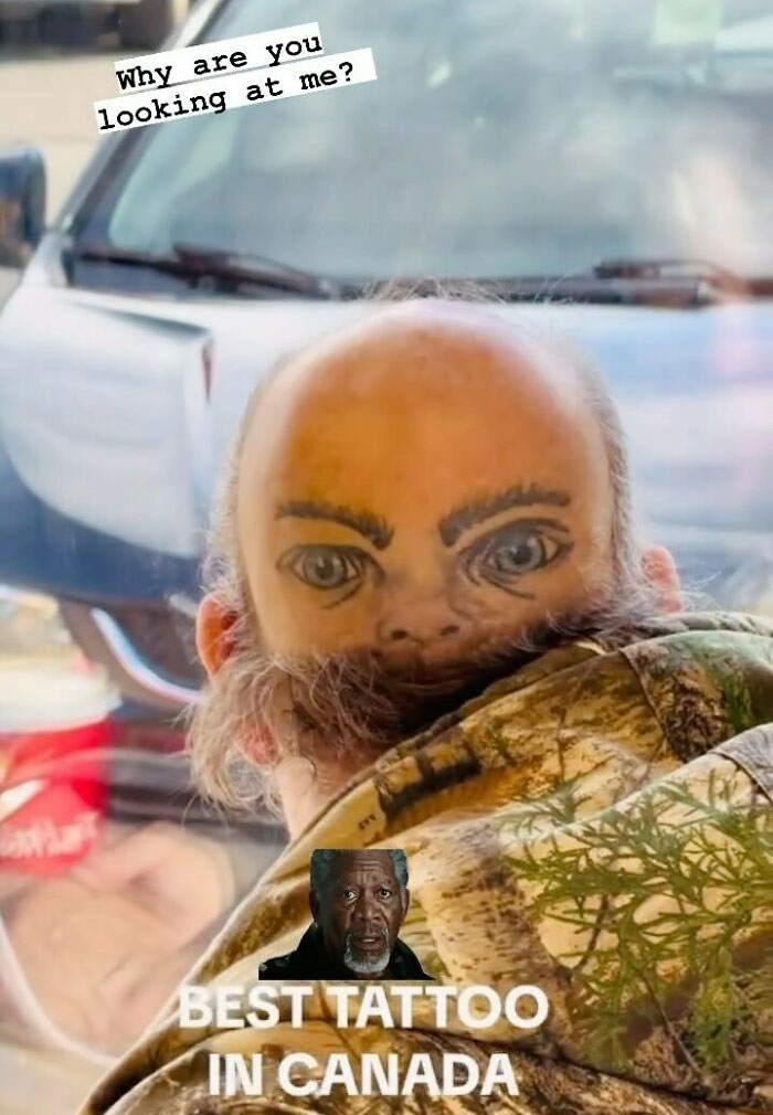 Man with a face tattoo painted on the back of his bald head, showcasing one of the 75 awful tattoos and poor decisions.