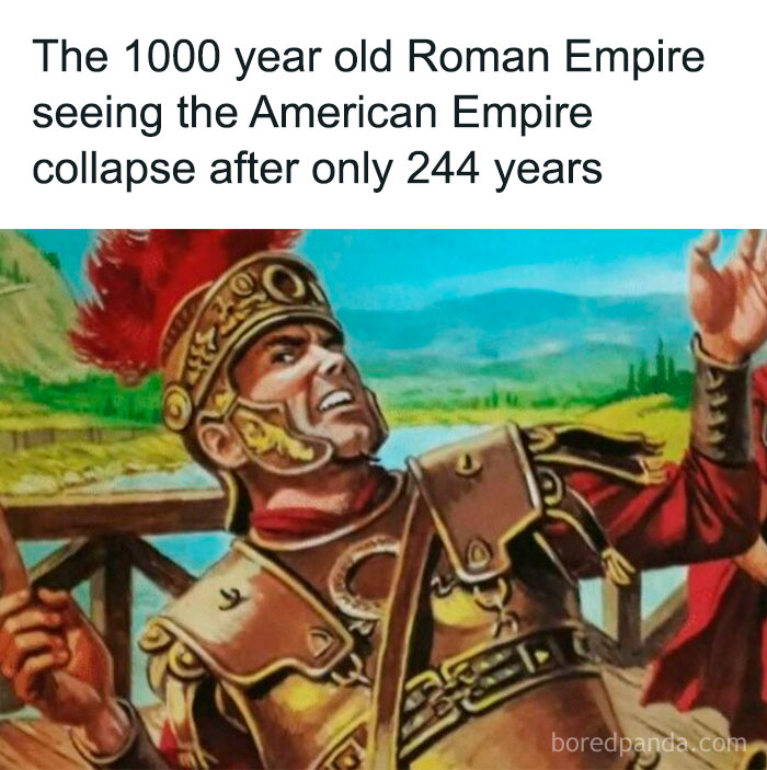 Roman soldier in ancient armor reacting humorously to the collapse of an empire, modern captions on old paintings comedy gold.