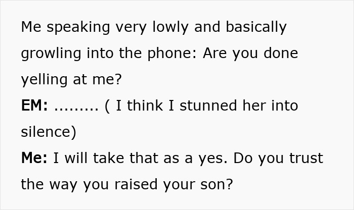 Text conversation showing a tense phone call between a woman and her daughter’s boyfriend’s mom about trust and anger. Text conversation showing a tense phone call between a woman and her daughter’s boyfriend’s mom about trust and anger.