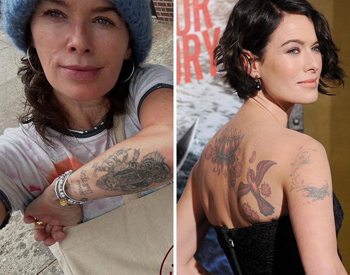 Two celebrities displaying various tattoos on arm and back, showcasing popular celebrity tattoo designs and styles.